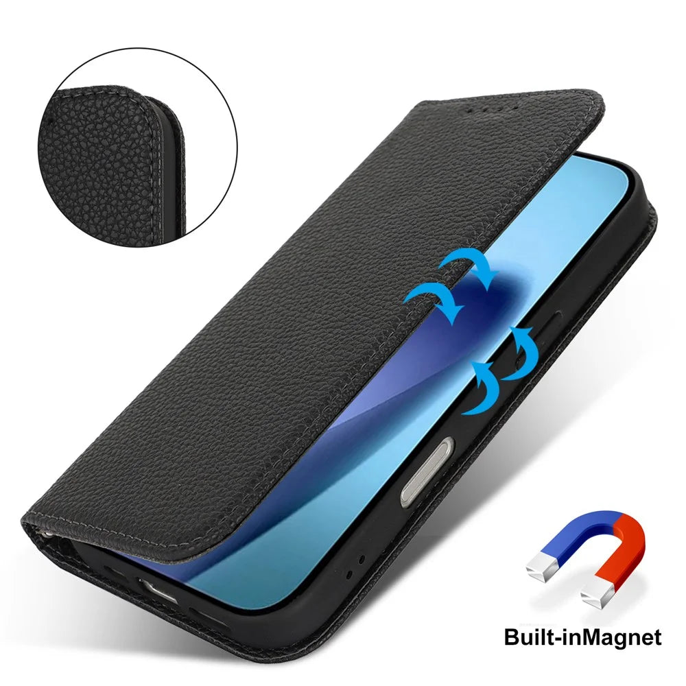 For iPhone Air Case Stand Wallet Litchi Texture Leather Flip Phone Cover with Strap - Black - 5