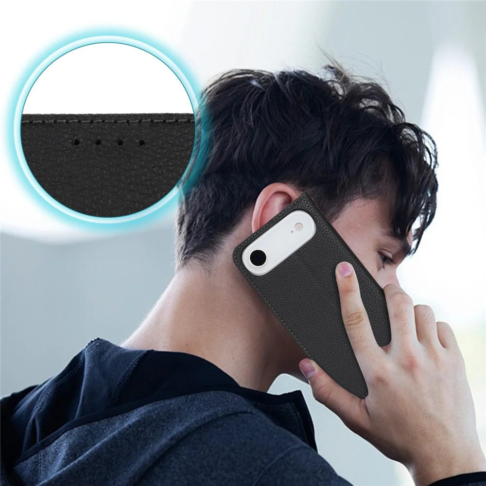 For iPhone Air Case Stand Wallet Litchi Texture Leather Flip Phone Cover with Strap - Black - 6