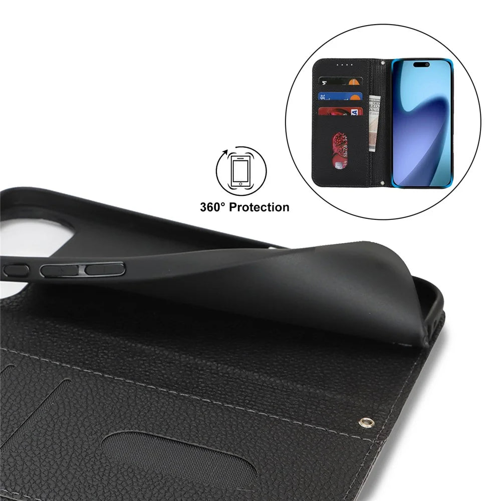 For iPhone Air Case Stand Wallet Litchi Texture Leather Flip Phone Cover with Strap - Black - 7