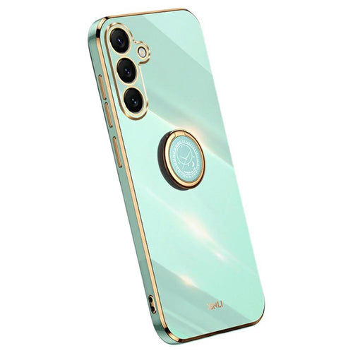 XINLI For Samsung Galaxy S25 FE Case Ring Kickstand Electroplating TPU Phone Cover - Cyan - 1