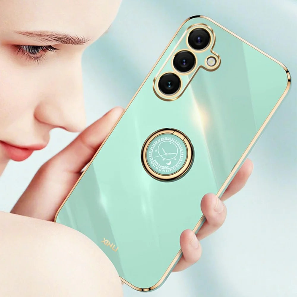 XINLI For Samsung Galaxy S25 FE Case Ring Kickstand Electroplating TPU Phone Cover - Cyan - 5