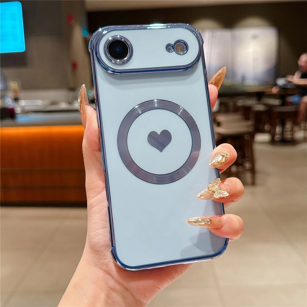 For iPhone Air Magnetic Case Electroplating Soft TPU Cover with Cute Love Heart - Blue - 1