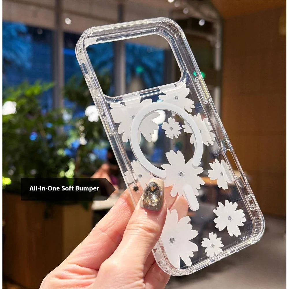 For iPhone 17 Pro Max Magnetic Case IMD Flower Pattern TPU + PC Clear Back Phone Cover - Style A - 7