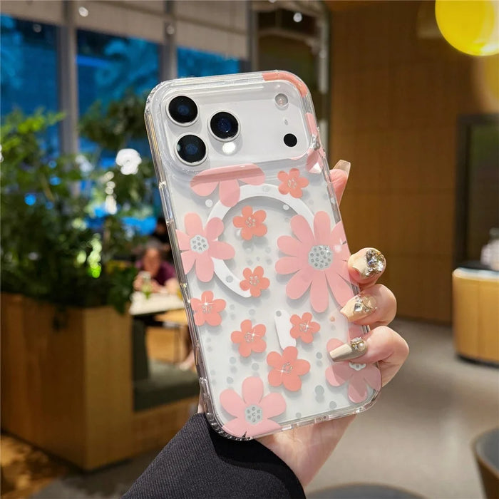 For iPhone 17 Pro Magnetic Case IMD Flower Pattern TPU + PC Clear Back Phone Cover - Style A - 1