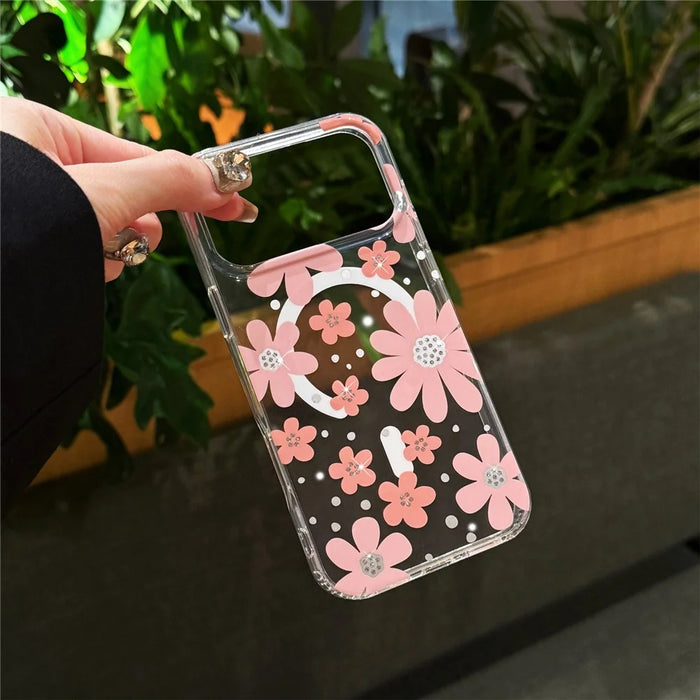 For iPhone 17 Pro Magnetic Case IMD Flower Pattern TPU + PC Clear Back Phone Cover - Style A - 2