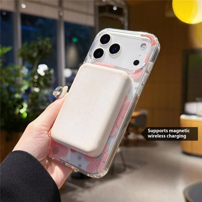 For iPhone 17 Pro Magnetic Case IMD Flower Pattern TPU + PC Clear Back Phone Cover - Style A - 3