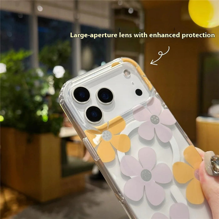 For iPhone 17 Pro Magnetic Case IMD Flower Pattern TPU + PC Clear Back Phone Cover - Style A - 5