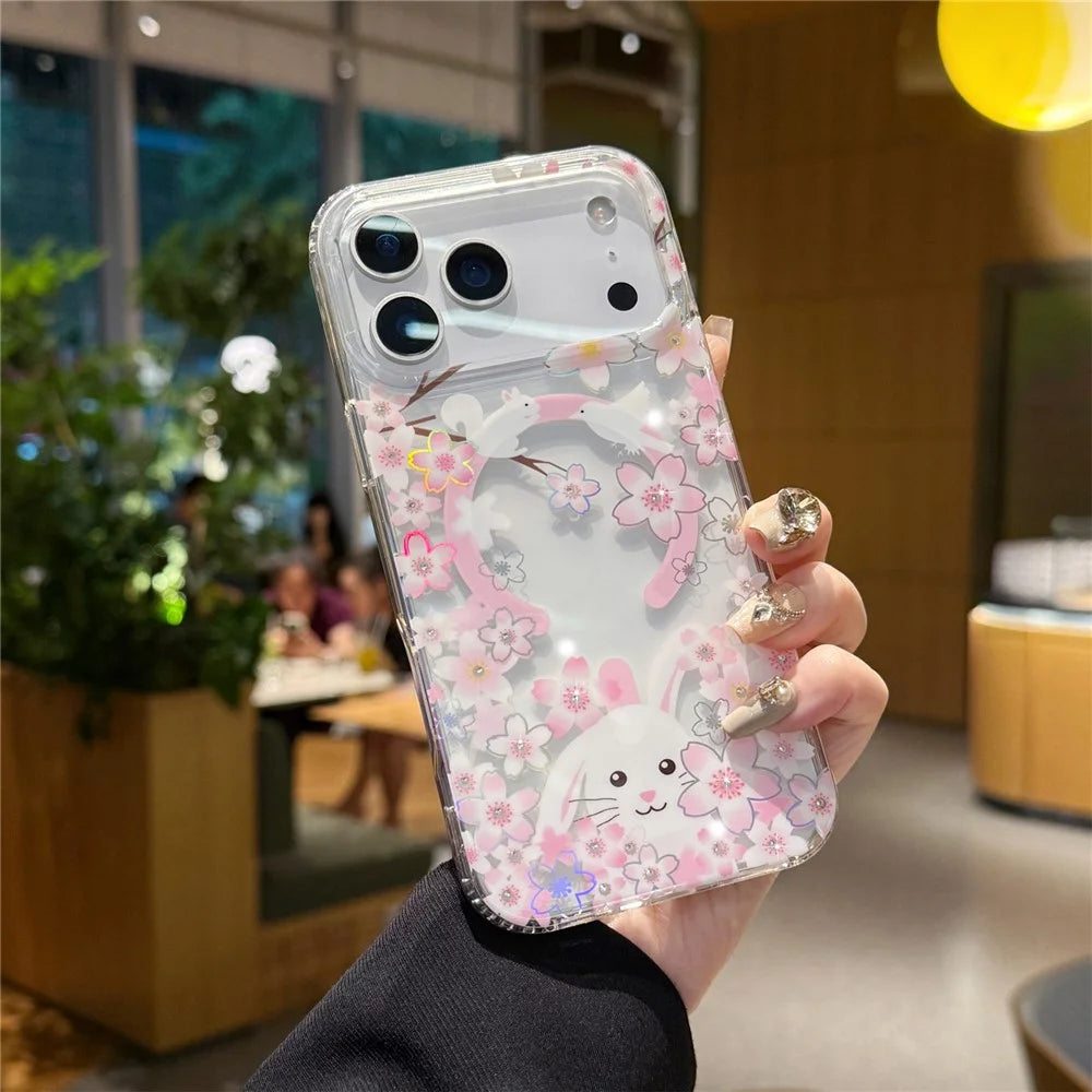 For iPhone 17 Pro Case Compatible with MagSafe Embedded Rhinestones IMD Pattern TPU PC Phone Back Cover - Cherry Blossom Rabbit - 1
