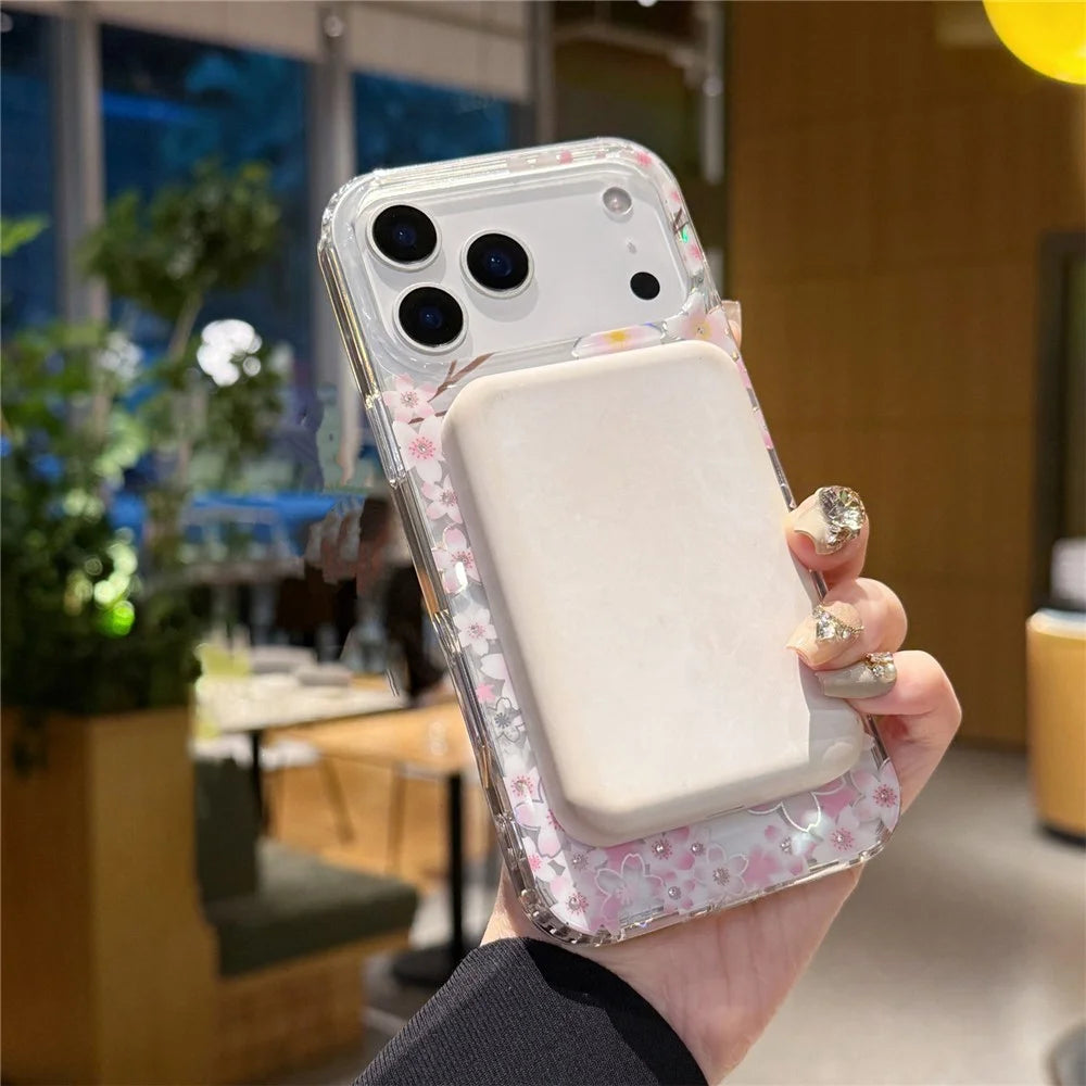 For iPhone 17 Pro Case Compatible with MagSafe Embedded Rhinestones IMD Pattern TPU PC Phone Back Cover - Cherry Blossom Rabbit - 3