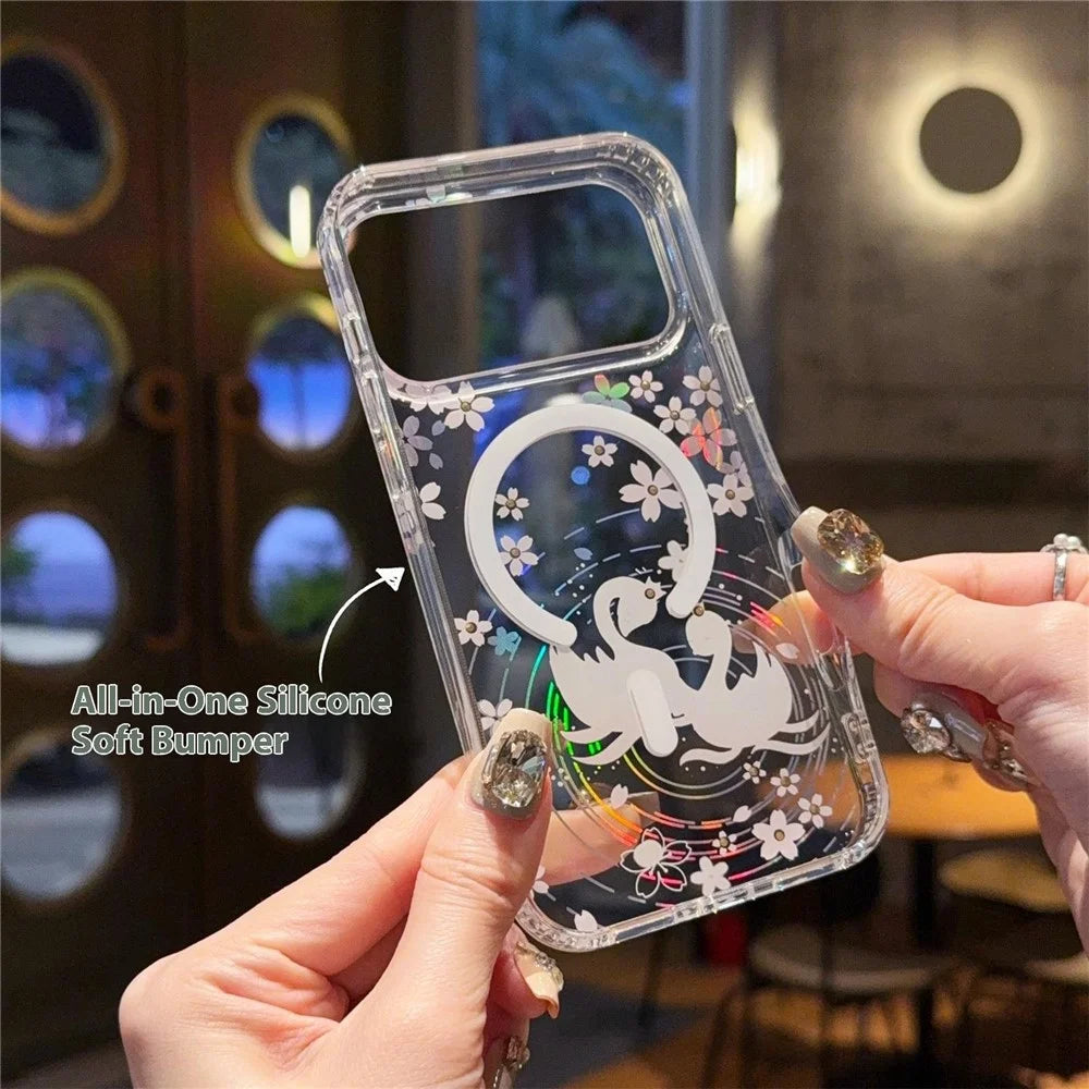 For iPhone 17 Pro Case Compatible with MagSafe Embedded Rhinestones IMD Pattern TPU PC Phone Back Cover - Cherry Blossom Rabbit - 4