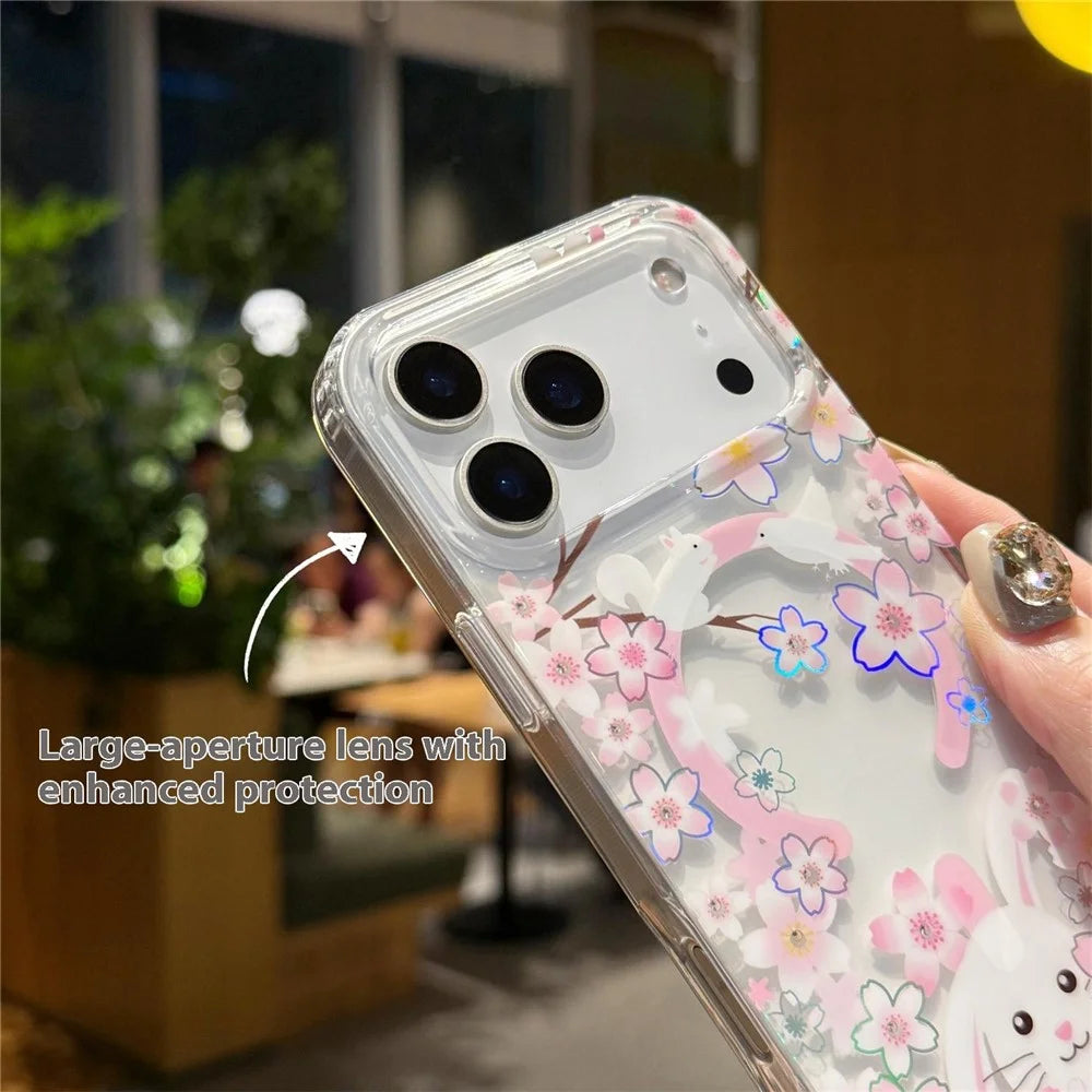 For iPhone 17 Pro Case Compatible with MagSafe Embedded Rhinestones IMD Pattern TPU PC Phone Back Cover - Cherry Blossom Rabbit - 6