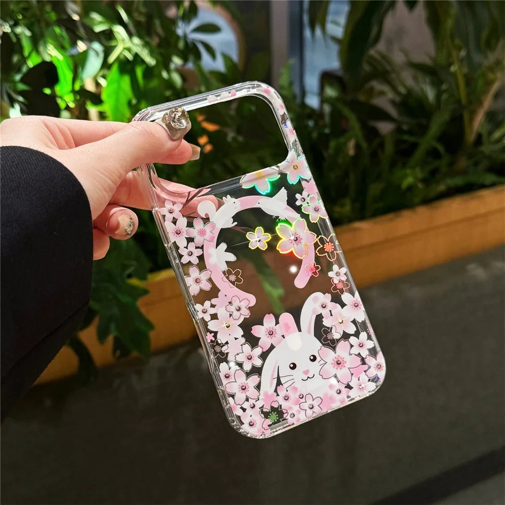 For iPhone 17 Pro Max Case Compatible with MagSafe Embedded Rhinestones IMD Pattern TPU PC Phone Back Cover - Cherry Blossom Rabbit - 2