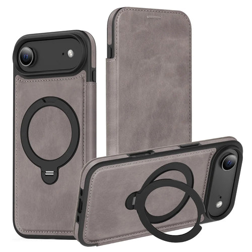 For iPhone Air Case Compatible with MagSafe RFID Blocking Leather Wallet Cover with Rotating Ring Kickstand - Grey - 1
