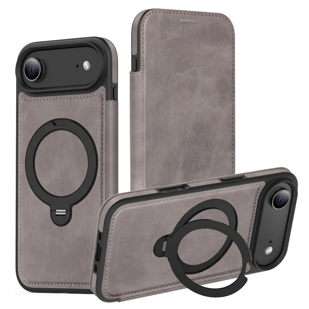 For iPhone Air Case Compatible with MagSafe RFID Blocking Leather Wallet Cover with Rotating Ring Kickstand - Grey - 1