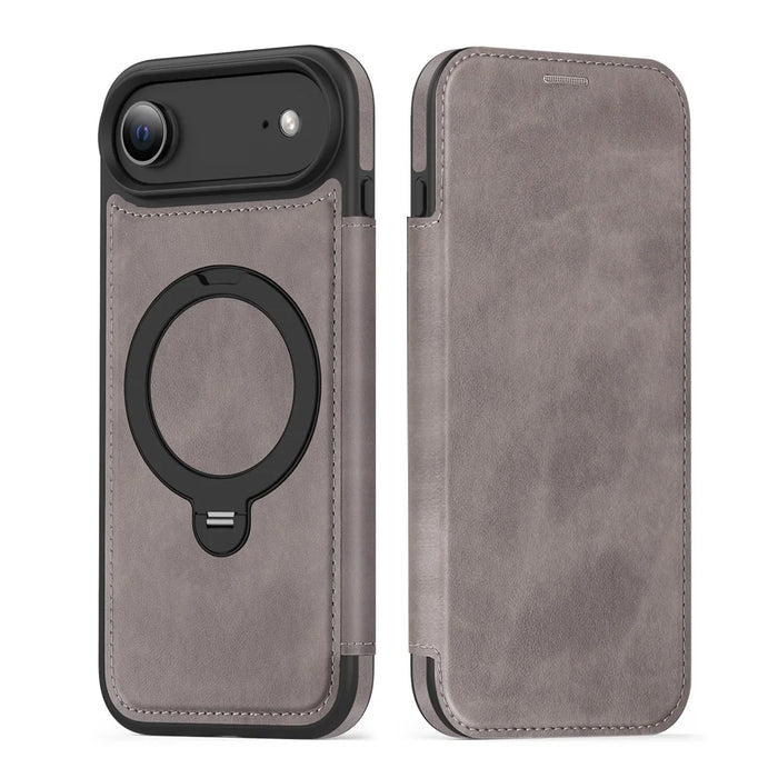 For iPhone Air Case Compatible with MagSafe RFID Blocking Leather Wallet Cover with Rotating Ring Kickstand - Grey - 2
