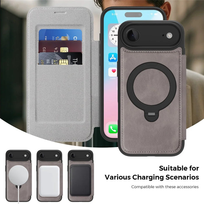 For iPhone Air Case Compatible with MagSafe RFID Blocking Leather Wallet Cover with Rotating Ring Kickstand - Grey - 4