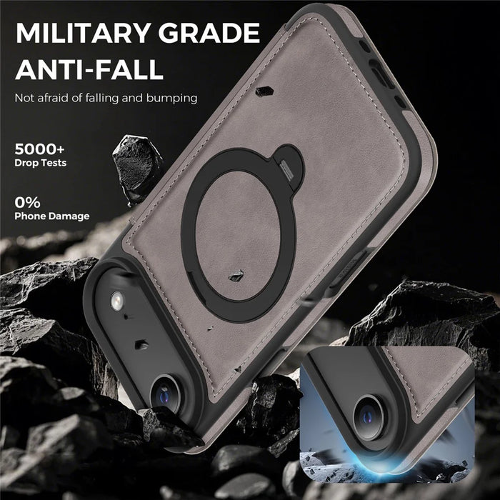 For iPhone Air Case Compatible with MagSafe RFID Blocking Leather Wallet Cover with Rotating Ring Kickstand - Grey - 5