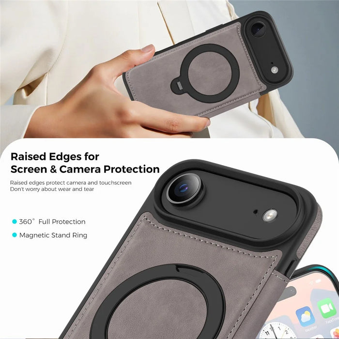 For iPhone Air Case Compatible with MagSafe RFID Blocking Leather Wallet Cover with Rotating Ring Kickstand - Grey - 6