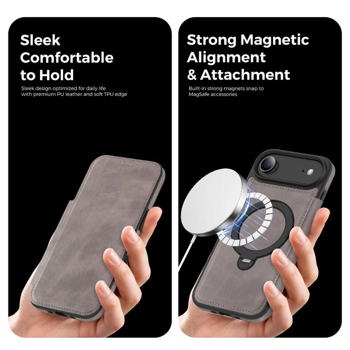 For iPhone Air Case Compatible with MagSafe RFID Blocking Leather Wallet Cover with Rotating Ring Kickstand - Grey - 7