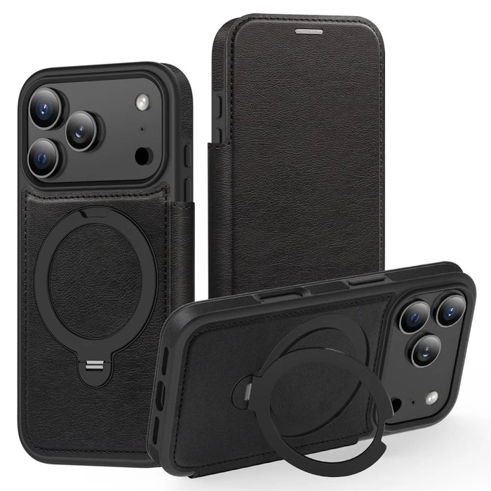 For iPhone 17 Pro Case Compatible with MagSafe RFID Blocking Leather Wallet Cover with Rotating Ring Kickstand - Black - 1