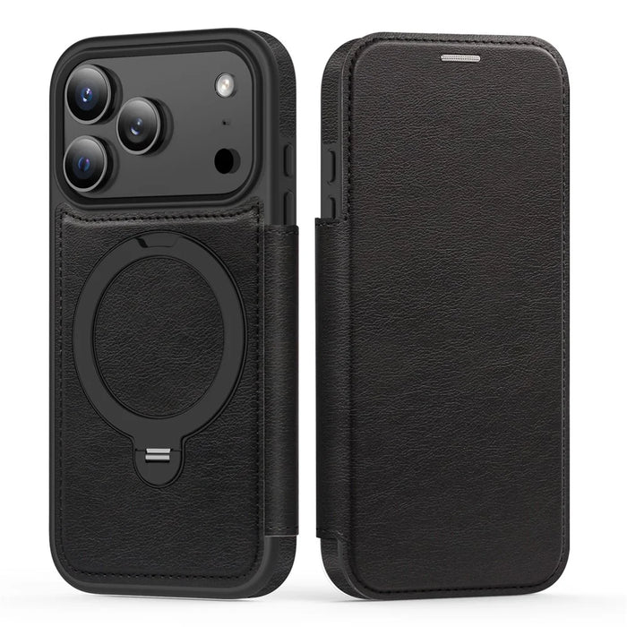 For iPhone 17 Pro Case Compatible with MagSafe RFID Blocking Leather Wallet Cover with Rotating Ring Kickstand - Black - 2