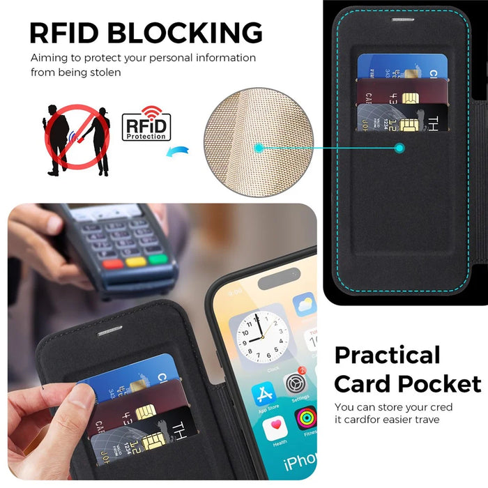 For iPhone 17 Pro Case Compatible with MagSafe RFID Blocking Leather Wallet Cover with Rotating Ring Kickstand - Black - 3