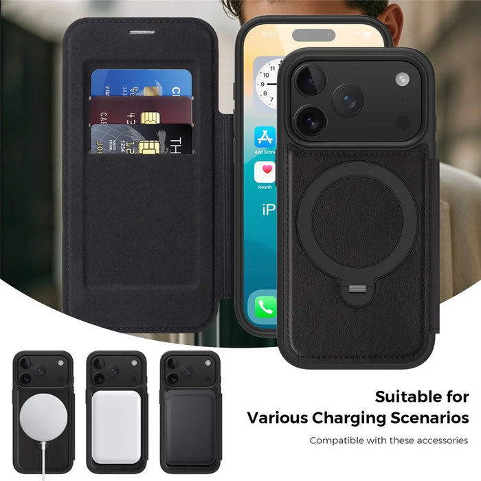 For iPhone 17 Pro Case Compatible with MagSafe RFID Blocking Leather Wallet Cover with Rotating Ring Kickstand - Black - 4