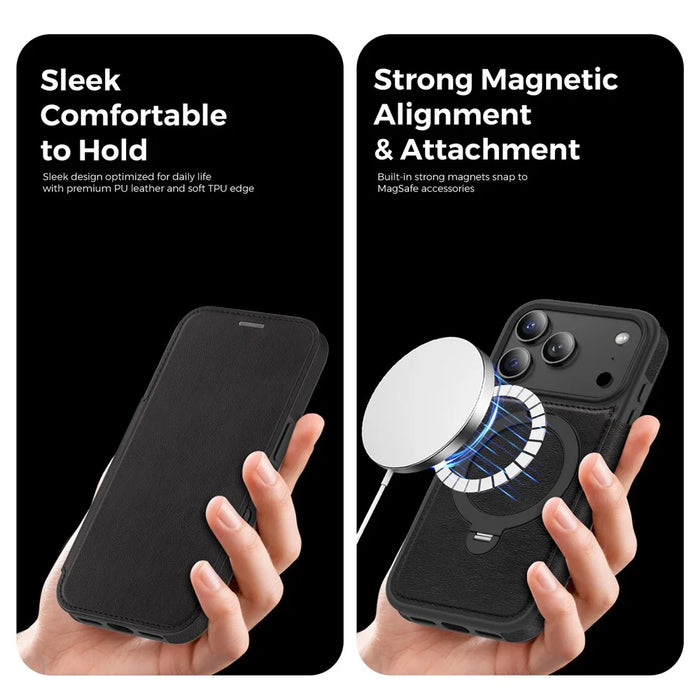 For iPhone 17 Pro Case Compatible with MagSafe RFID Blocking Leather Wallet Cover with Rotating Ring Kickstand - Black - 7