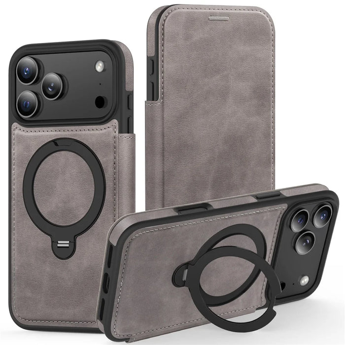 For iPhone 17 Pro Max Case Compatible with MagSafe RFID Blocking Leather Wallet Cover with Rotating Ring Kickstand - Grey - 1