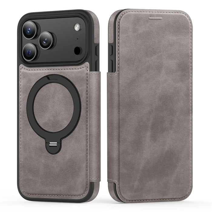 For iPhone 17 Pro Max Case Compatible with MagSafe RFID Blocking Leather Wallet Cover with Rotating Ring Kickstand - Grey - 2