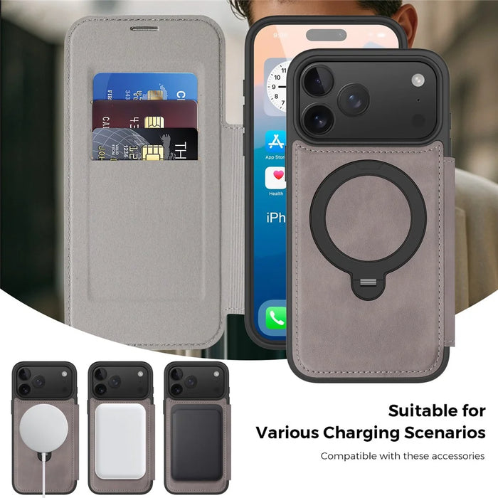 For iPhone 17 Pro Max Case Compatible with MagSafe RFID Blocking Leather Wallet Cover with Rotating Ring Kickstand - Grey - 4