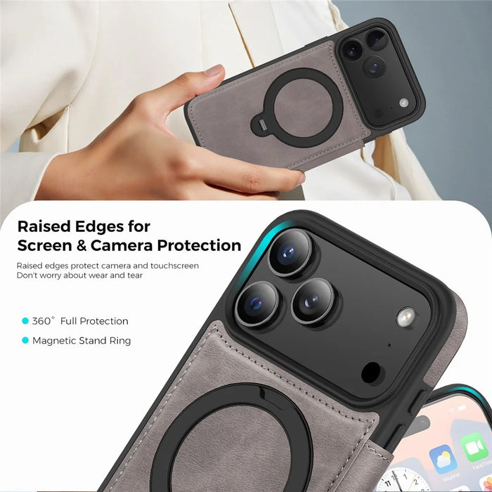 For iPhone 17 Pro Max Case Compatible with MagSafe RFID Blocking Leather Wallet Cover with Rotating Ring Kickstand - Grey - 6