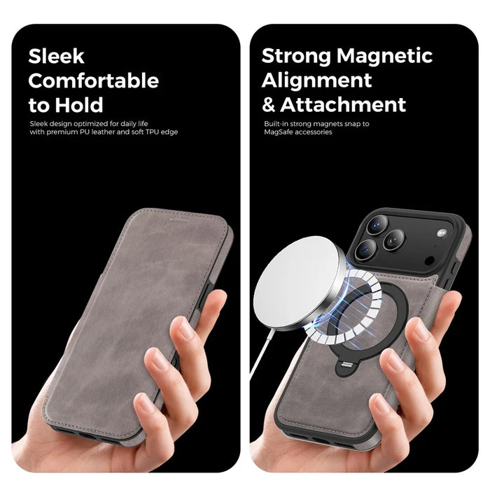 For iPhone 17 Pro Max Case Compatible with MagSafe RFID Blocking Leather Wallet Cover with Rotating Ring Kickstand - Grey - 7