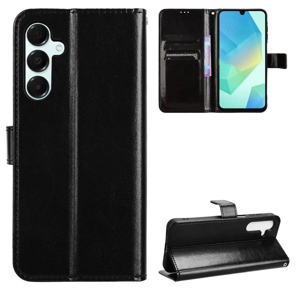 For Samsung Galaxy A18 5G / A18 4G / A17 5G / A17 4G / A26 5G / A16 5G / A16 4G PU Leather Case with Strap Crazy Horse Texture Phone Wallet Cover - Black - 1