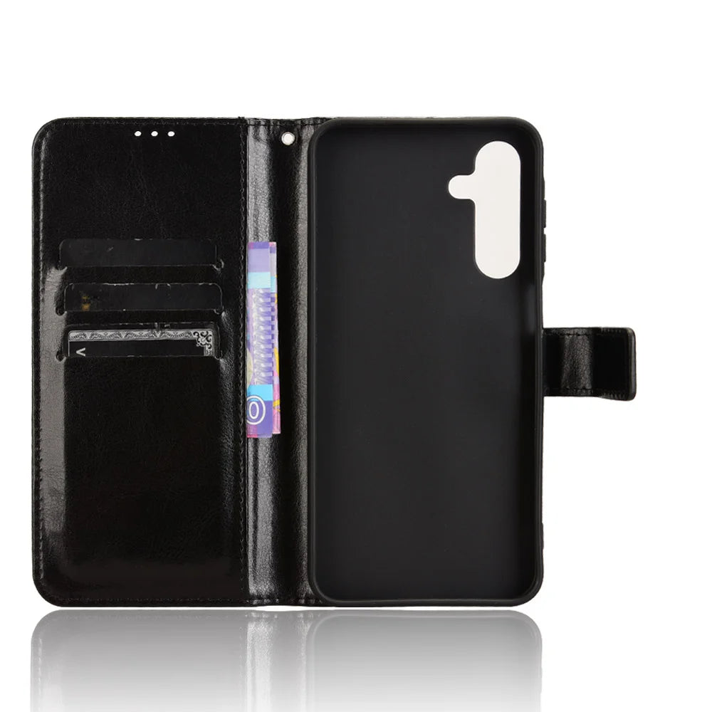 For Samsung Galaxy A18 5G / A18 4G / A17 5G / A17 4G / A26 5G / A16 5G / A16 4G PU Leather Case with Strap Crazy Horse Texture Phone Wallet Cover - Black - 4