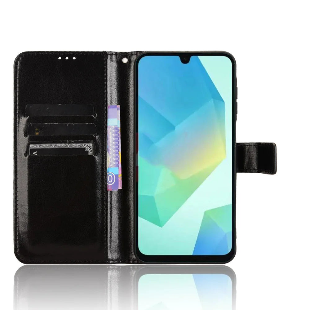 For Samsung Galaxy A18 5G / A18 4G / A17 5G / A17 4G / A26 5G / A16 5G / A16 4G PU Leather Case with Strap Crazy Horse Texture Phone Wallet Cover - Black - 5