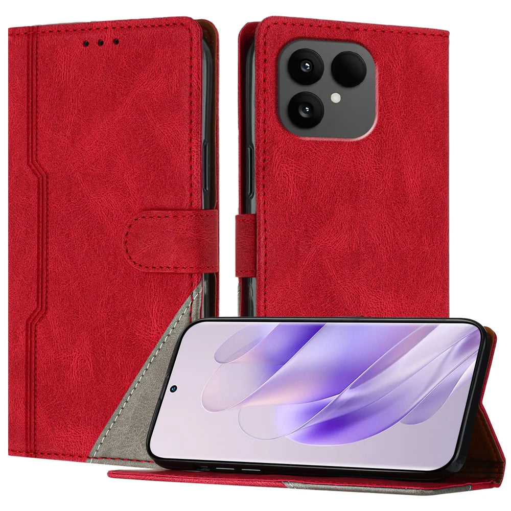 For Fairphone 6 Leather Case Triangle Patchwork Wallet Stand Shockproof Phone Cover - Red - 1