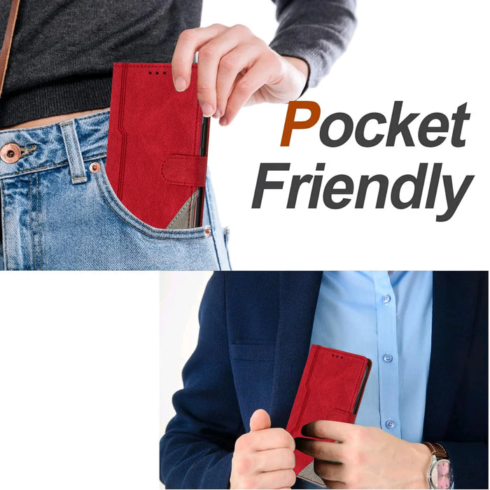 For Fairphone 6 Leather Case Triangle Patchwork Wallet Stand Shockproof Phone Cover - Red - 6