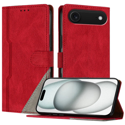 For iPhone Air Leather Case Triangle Patchwork Wallet Stand Shockproof Phone Cover - Red - 1