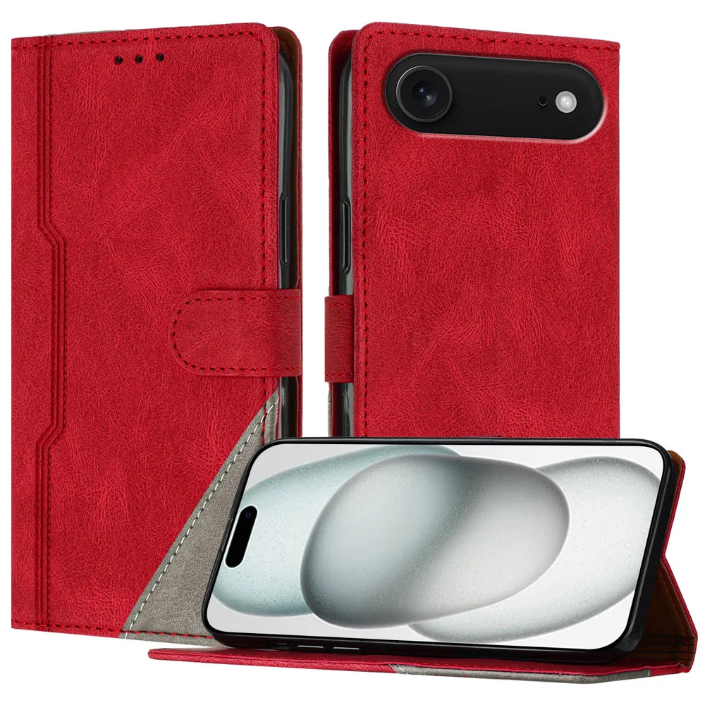 For iPhone Air Leather Case Triangle Patchwork Wallet Stand Shockproof Phone Cover - Red - 1