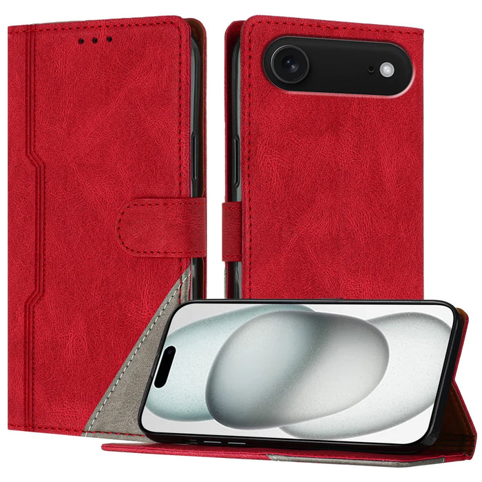 For iPhone Air Leather Case Triangle Patchwork Wallet Stand Shockproof Phone Cover - Red - 1
