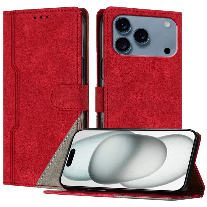 For iPhone 18 Pro / 17 Pro Leather Case Triangle Patchwork Wallet Stand Shockproof Phone Cover - Red - 1
