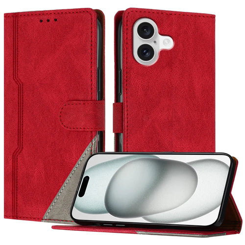 For iPhone 17 Leather Case Triangle Patchwork Wallet Stand Shockproof Phone Cover - Red - 1