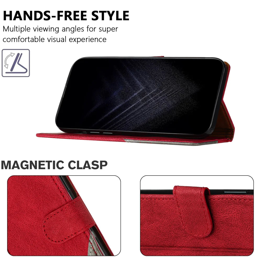 For iPhone 17 Leather Case Triangle Patchwork Wallet Stand Shockproof Phone Cover - Red - 3