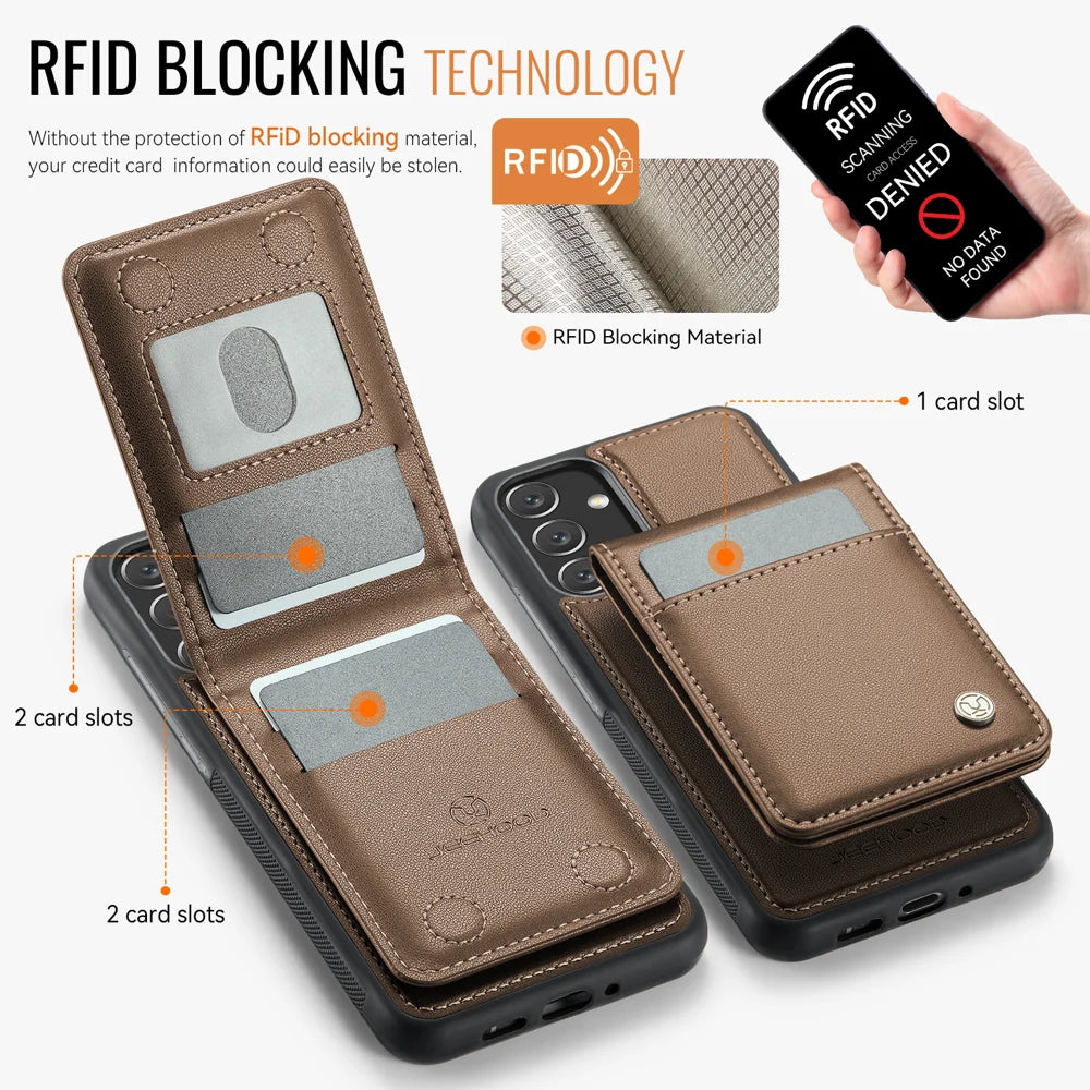 JEEHOOD For Samsung Galaxy A34 5G Leather Back Cover Magnetic Case  J06 Phone Case with Card Bag RFID Blocking - Brown - 3