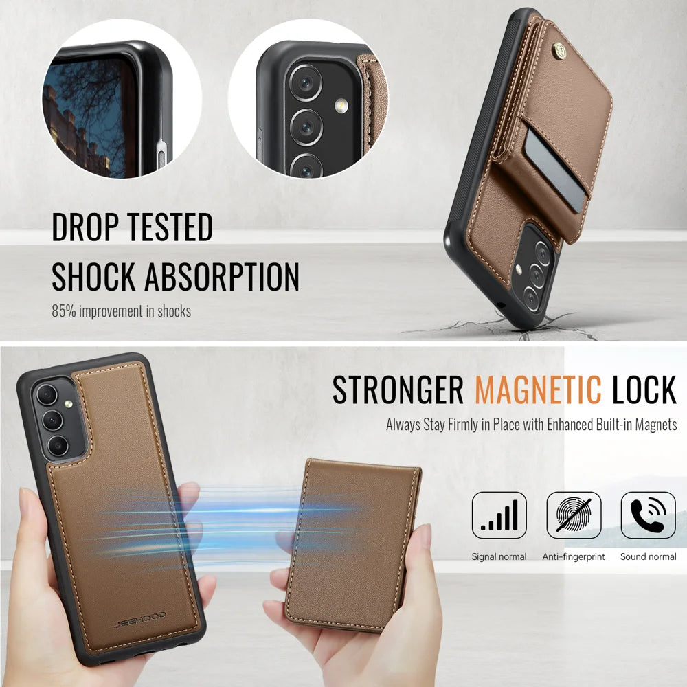 JEEHOOD For Samsung Galaxy A34 5G Leather Back Cover Magnetic Case  J06 Phone Case with Card Bag RFID Blocking - Brown - 5