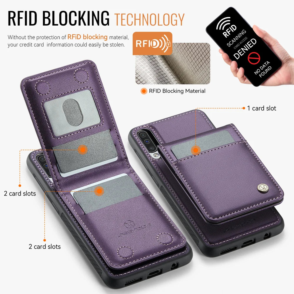 JEEHOOD For Samsung Galaxy A50 Leather Back Cover Magnetic Case  J06 Phone Case with Card Bag RFID Blocking - Purple - 3