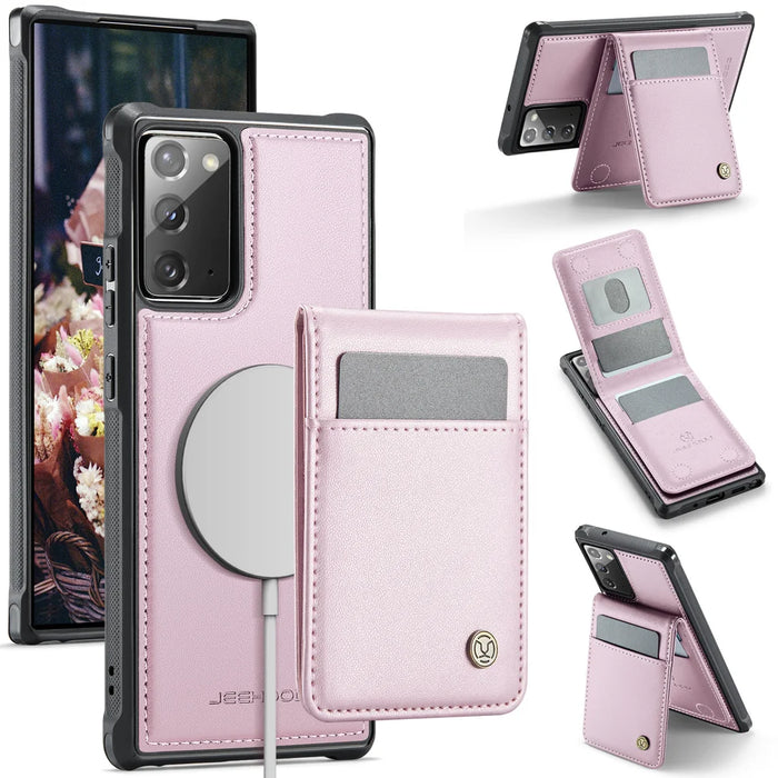 JEEHOOD For Samsung Galaxy Note20 Leather Back Cover Magnetic Case  J06 Phone Case with Card Bag RFID Blocking - Pink - 1