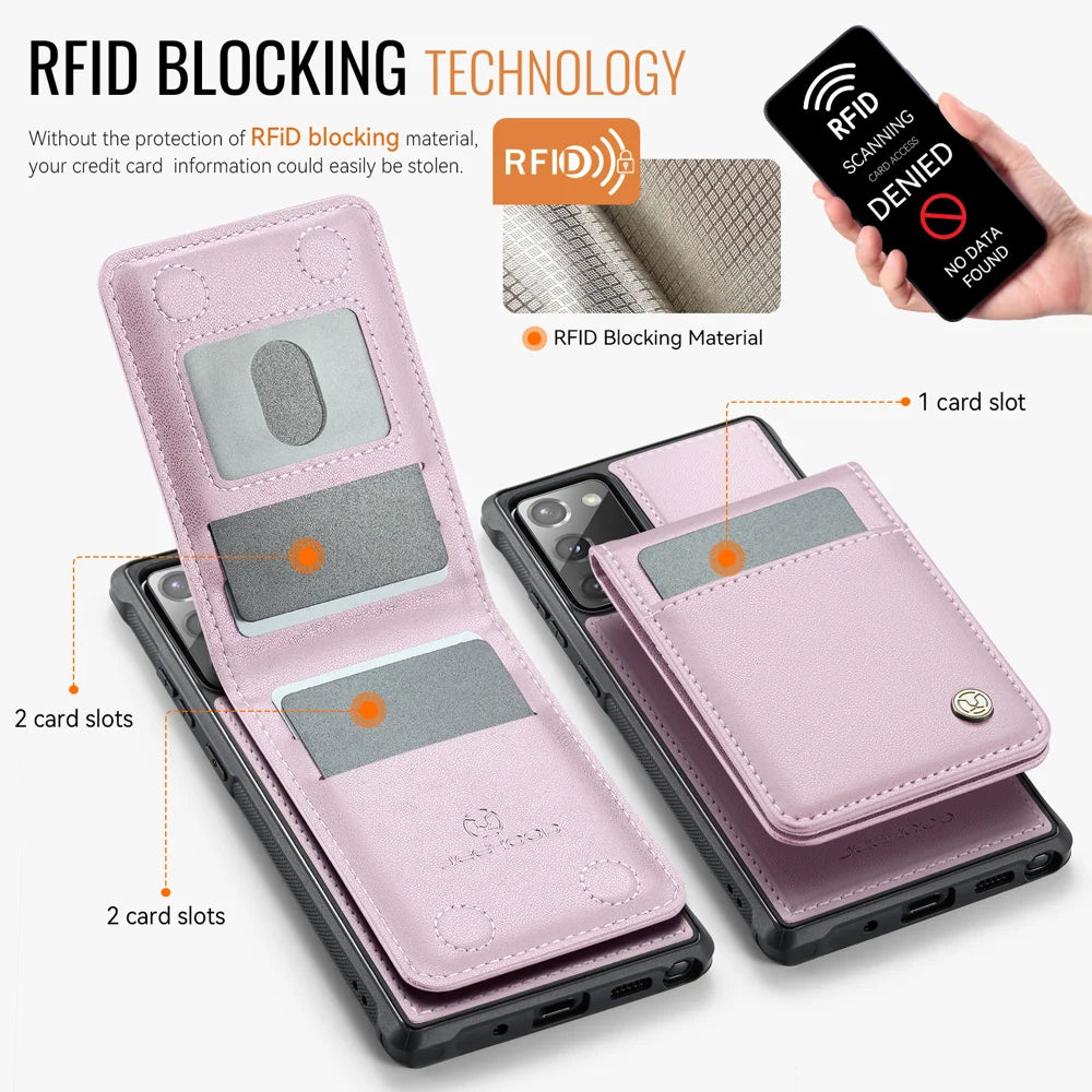 JEEHOOD For Samsung Galaxy Note20 Leather Back Cover Magnetic Case  J06 Phone Case with Card Bag RFID Blocking - Pink - 3