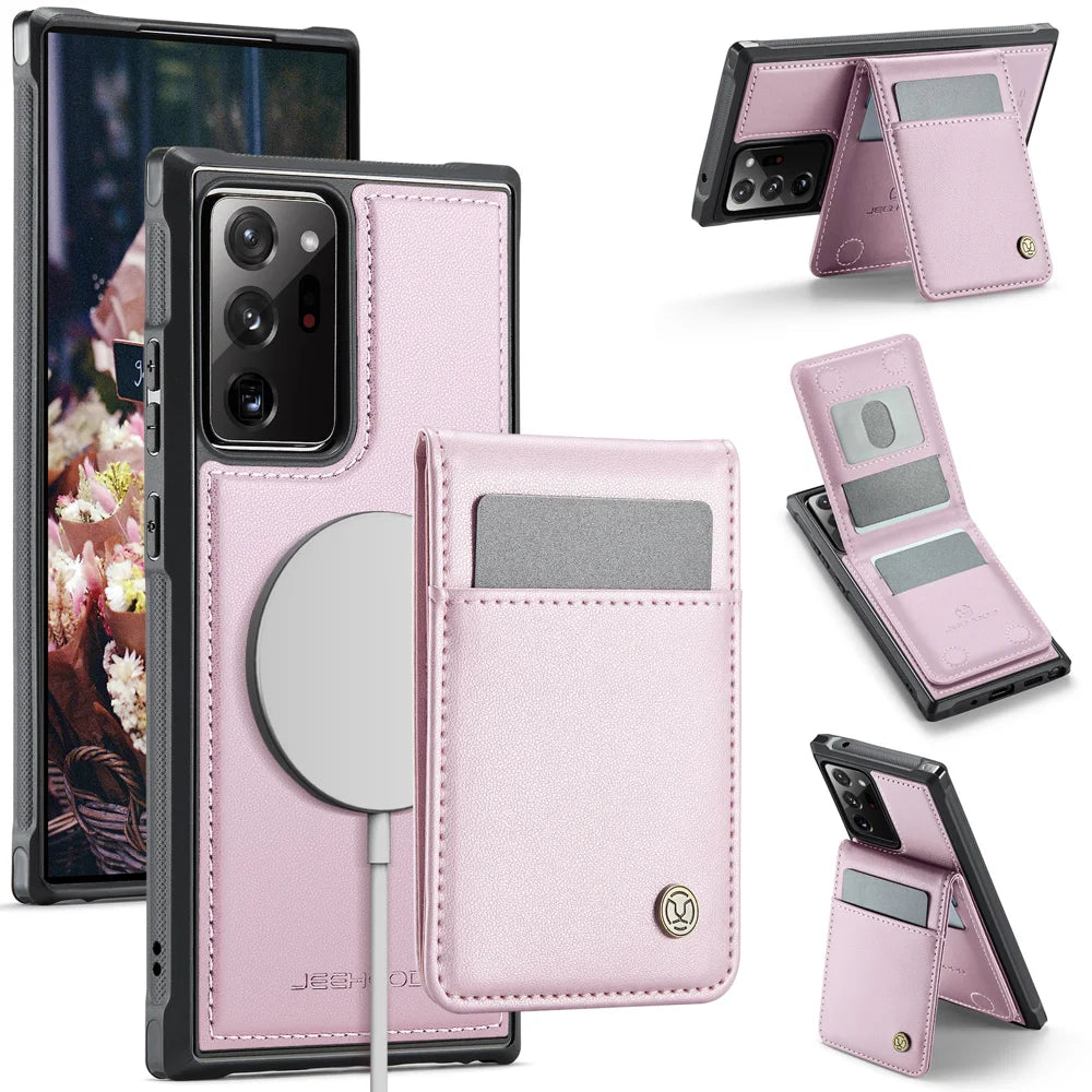 JEEHOOD For Samsung Galaxy Note20 Ultra Leather Back Cover Magnetic Case  J06 Phone Case with Card Bag RFID Blocking - Pink - 1